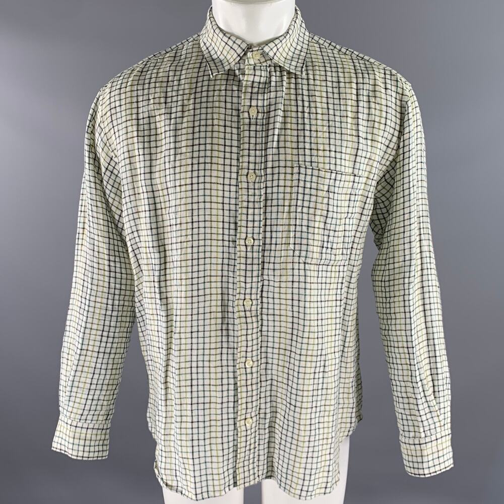 TS (S) Size M White Green Black Check Linen Pointed Collar Long Sleeve Shirt